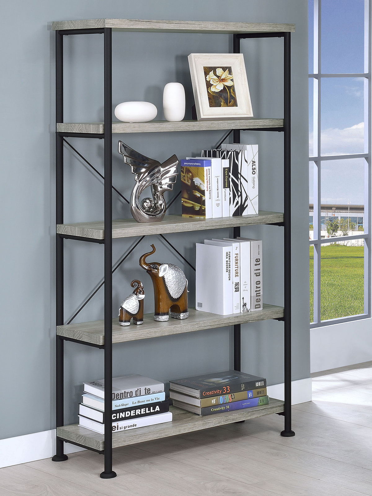 Analiese 63" 4-Shelf Bookshelf & Double Bookshelf - Black Metal Frame in Rustic Nutmeg or Grey Driftwood โ view 2