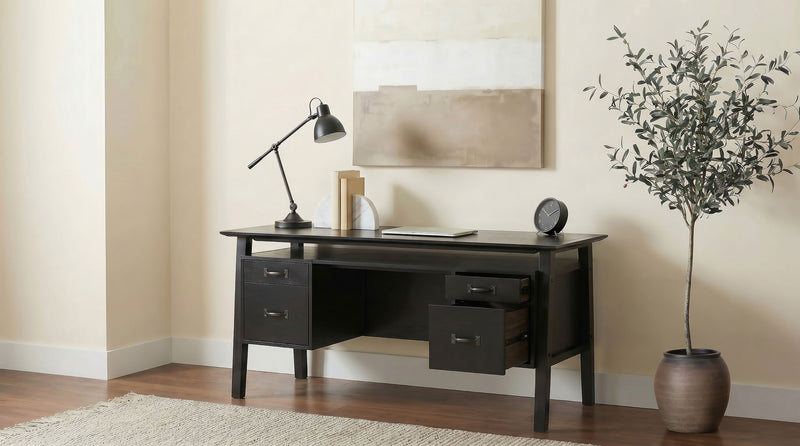 Goodson 64" Double Pedestal Computer Desk - 4 Drawers & Open Shelf in Black Oak Veneer