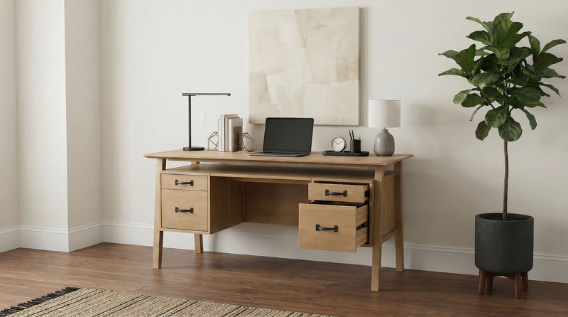 Goodson 64" Double Pedestal Computer Desk - 4 Drawers & Open Shelf in Distressed Light Brown