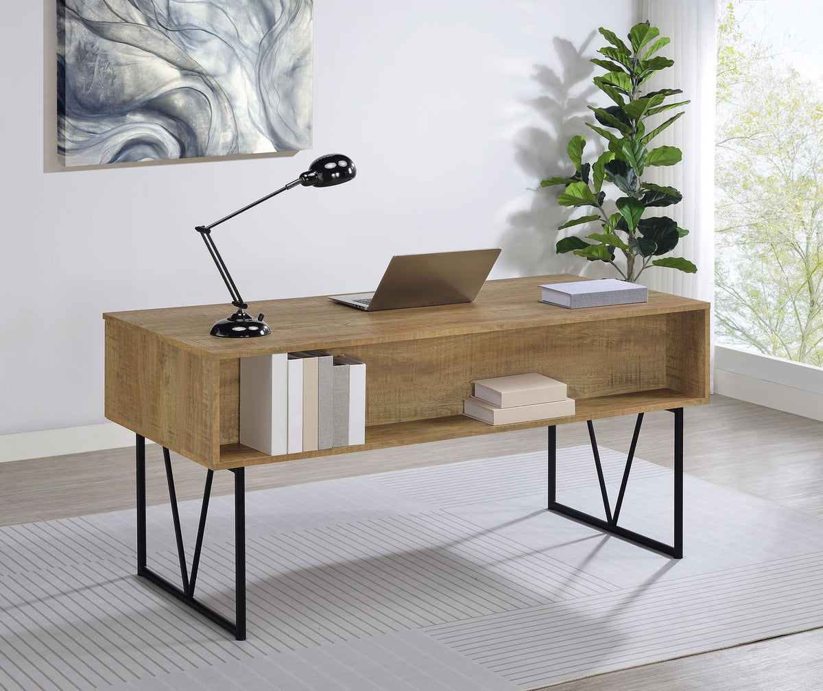 Analiese 63" 4-Drawer Writing Desk & 60" Double Bookshelf - Rustic Mango with Black Metal Frame – view 4