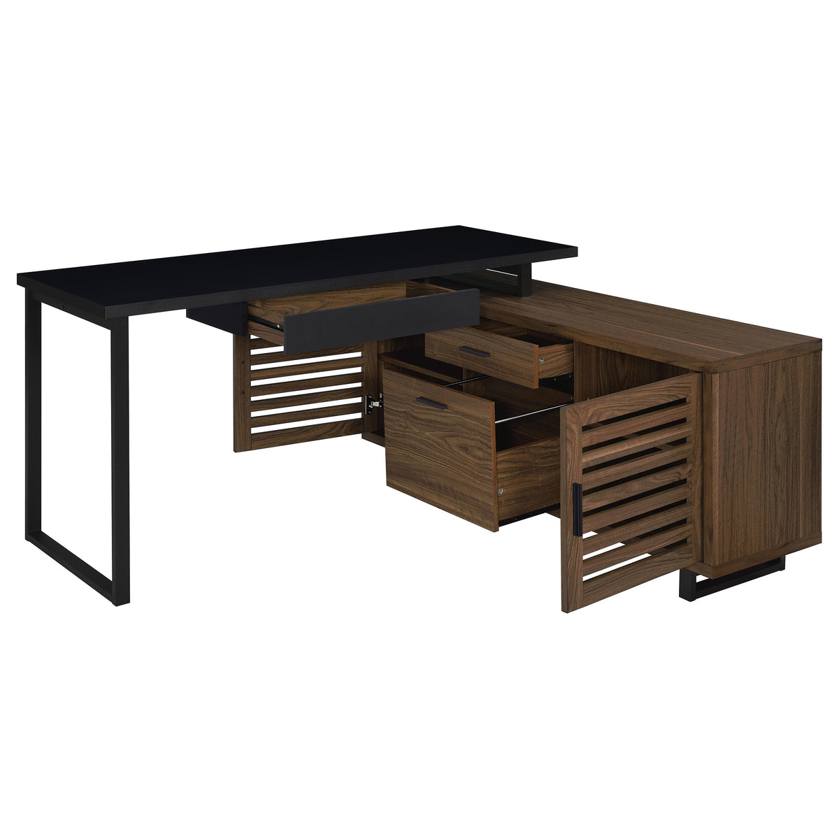 Maddox 60" L-Shape Computer Desk & 71" Cabinet Bookshelf - Walnut & Black with Slatted Doors โ view 5