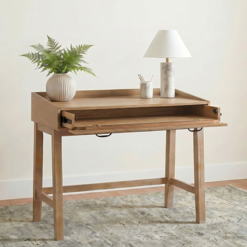 Fabian Computer Desk & Bookshelf Wall Set - Keyboard Drawer & Storage Bridge in Distressed Light Brown