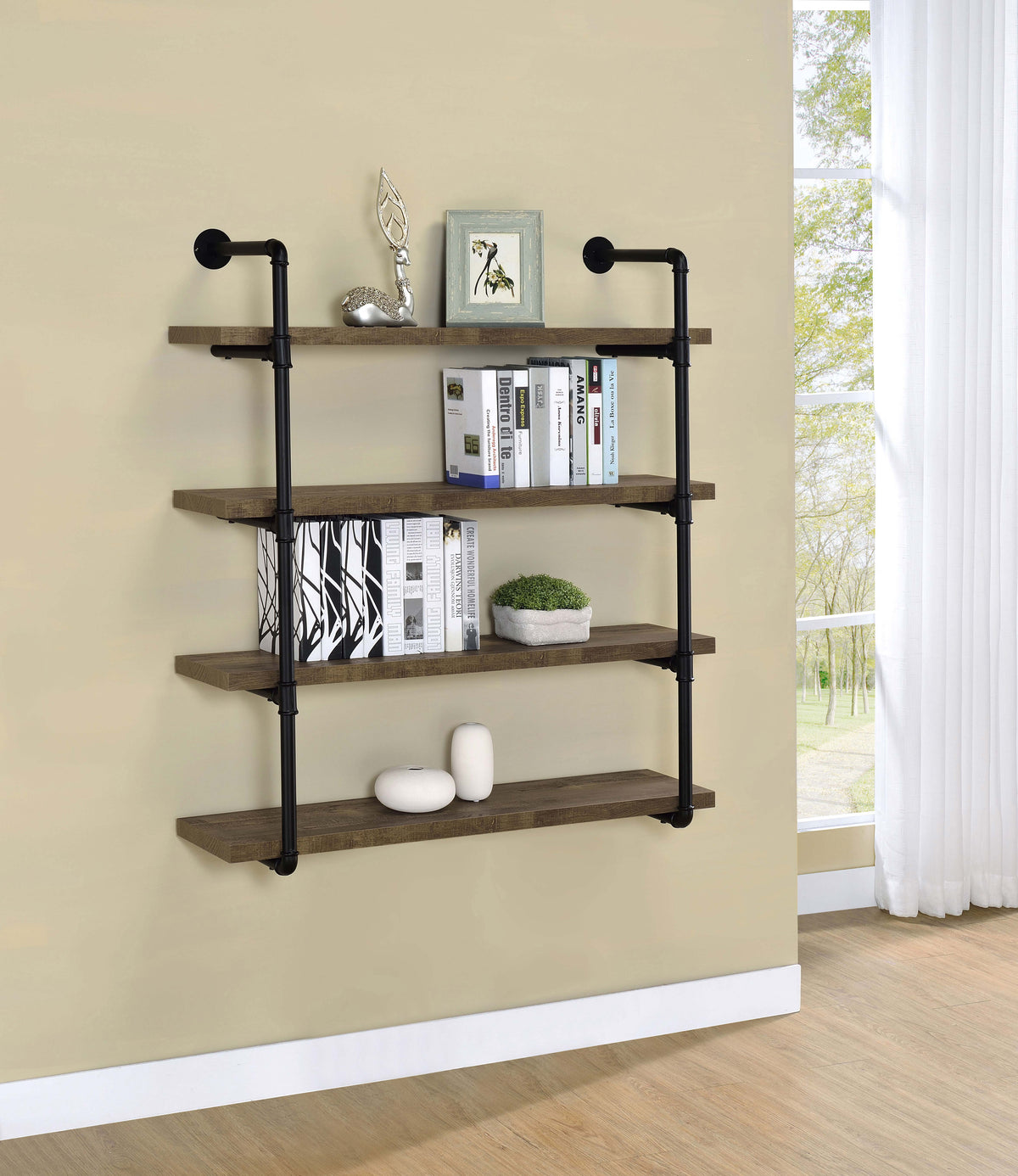 Elmcrest 39" 4-Shelf Wall Bookshelf - Industrial Black Pipe Frame in Rustic Oak – view 1