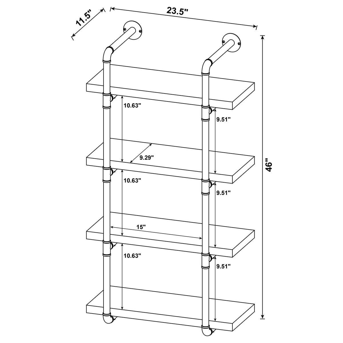 Elmcrest 24" 4-Shelf Wall Bookshelf - Industrial Pipe Frame in Rustic Oak & Black – view 11