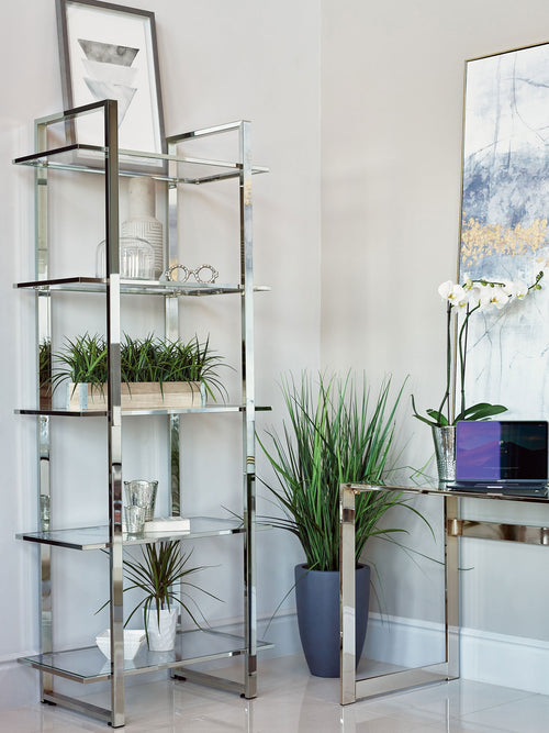 Hartford 79" Glass Bookshelf - Contemporary Polished Chrome with 5 Tempered Glass Shelves