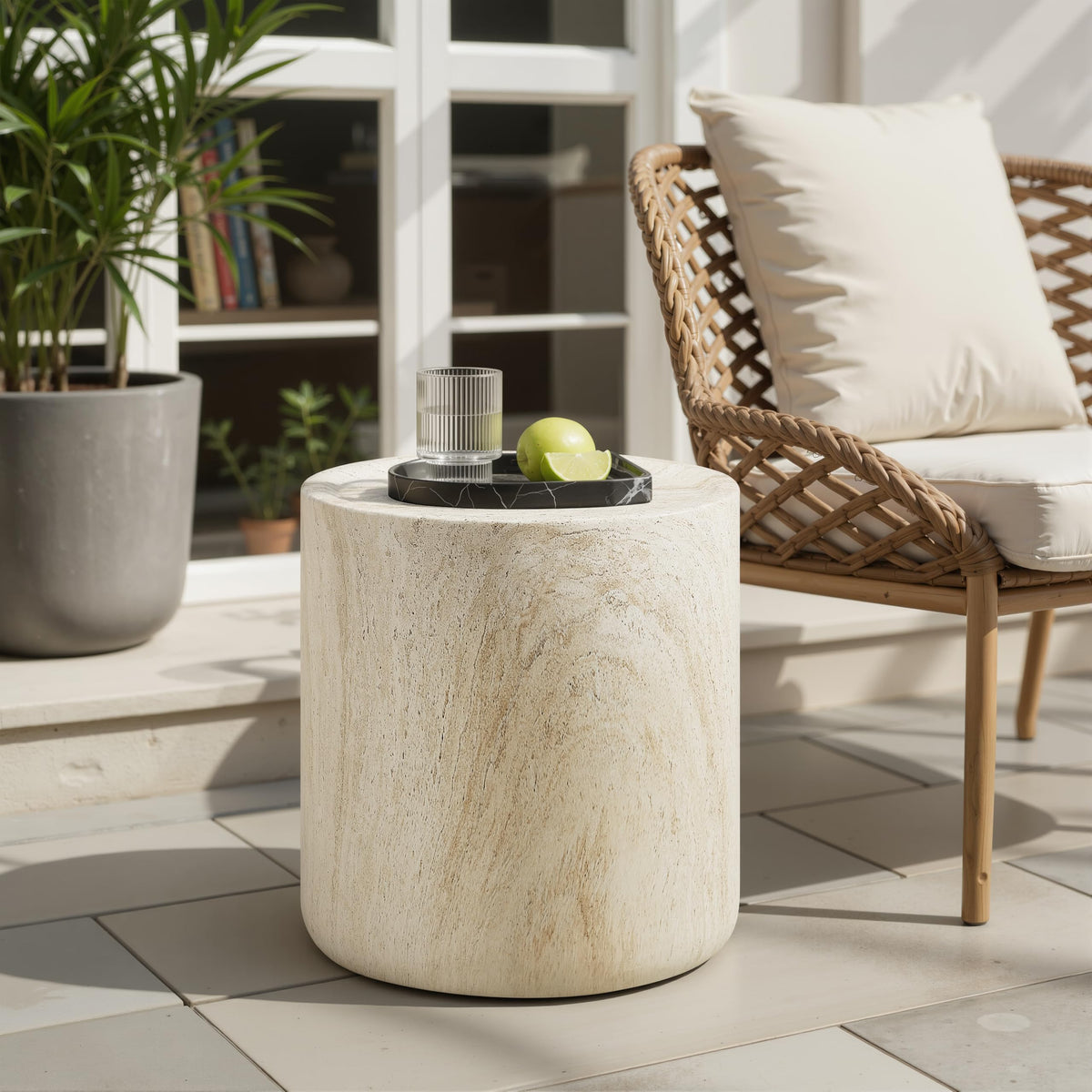 Vyn 18" Round End Table Concrete Travertine Finish, Modern Organic Drum Side Table in Sand - detail view