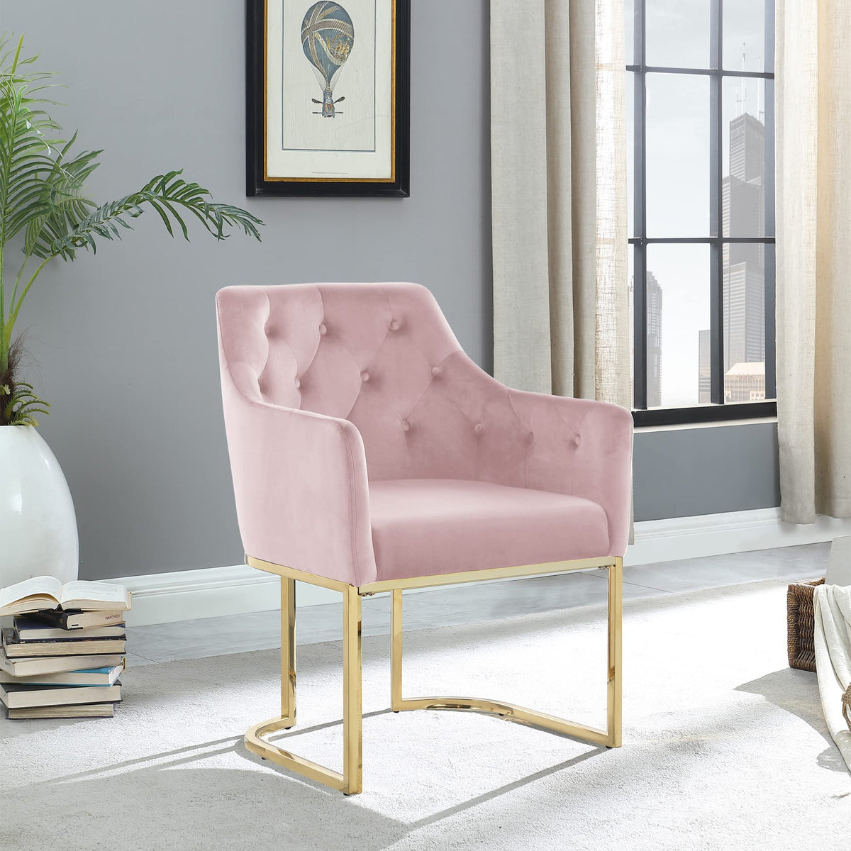 Lilia Modern Tufted Accent Chair with Gold Legs in Pink - front view