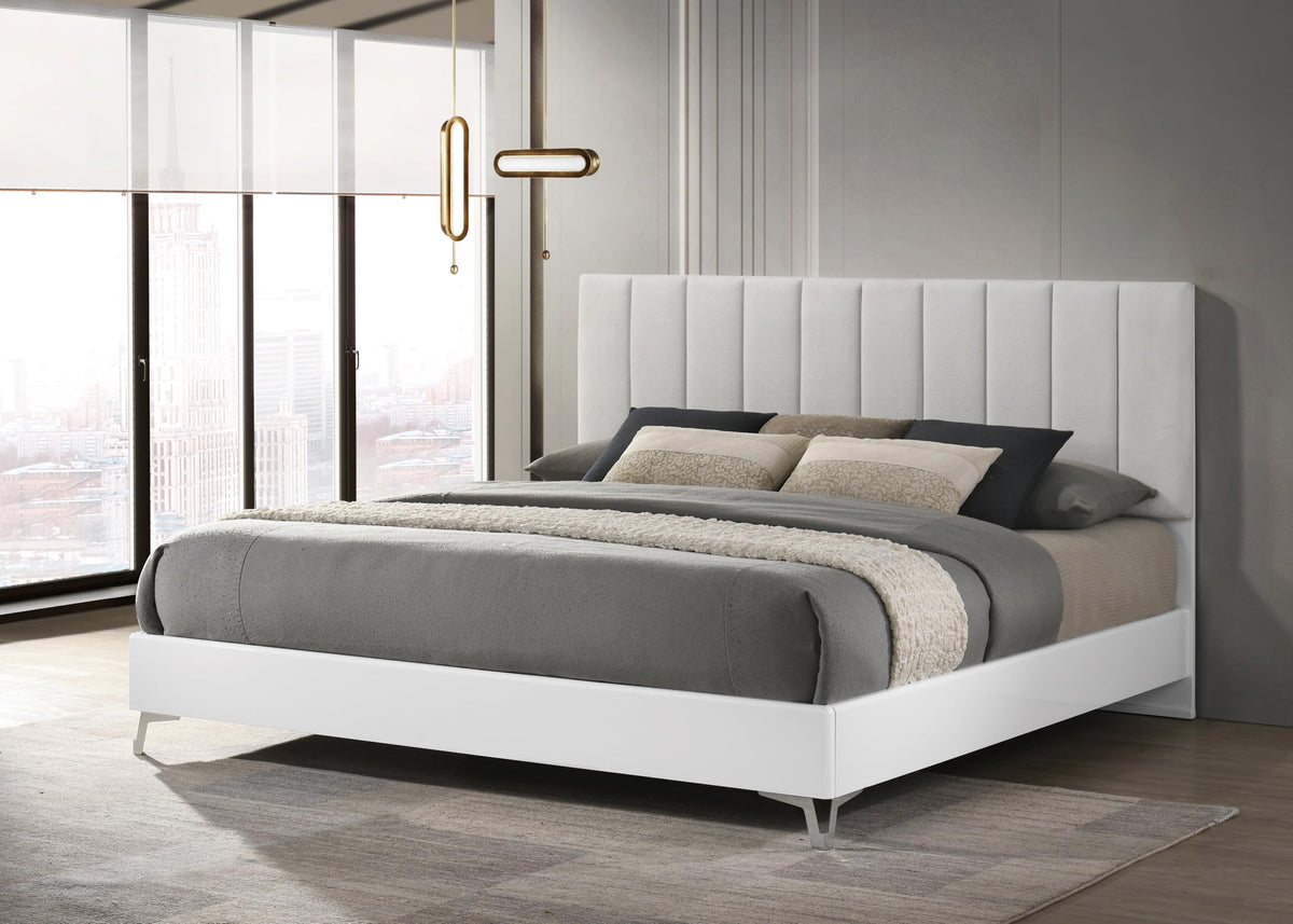 Linea 87" California King Bed Frame, White Frame with Beige Padded Headboard - front view