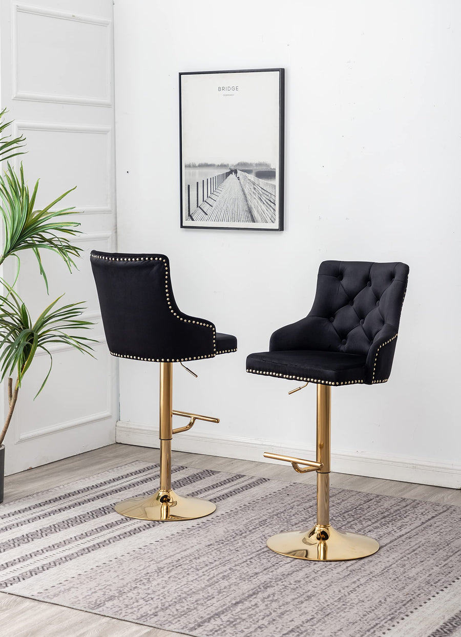 Brightcast 2-Piece Velvet Tufted Gold Bar Stools in Black - Set of 2