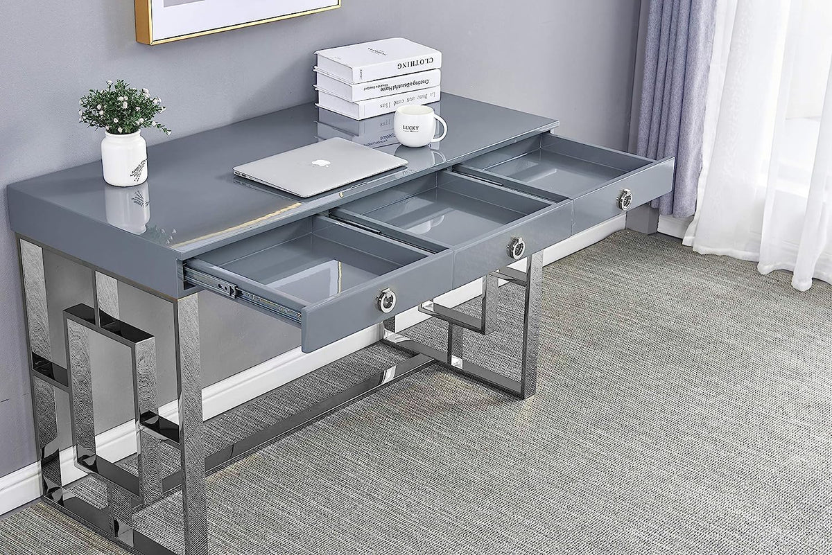 Grey Modern Computer Office Desk with Lacquered Grey Top, Silver Base & 3 Storage Drawers - room setting