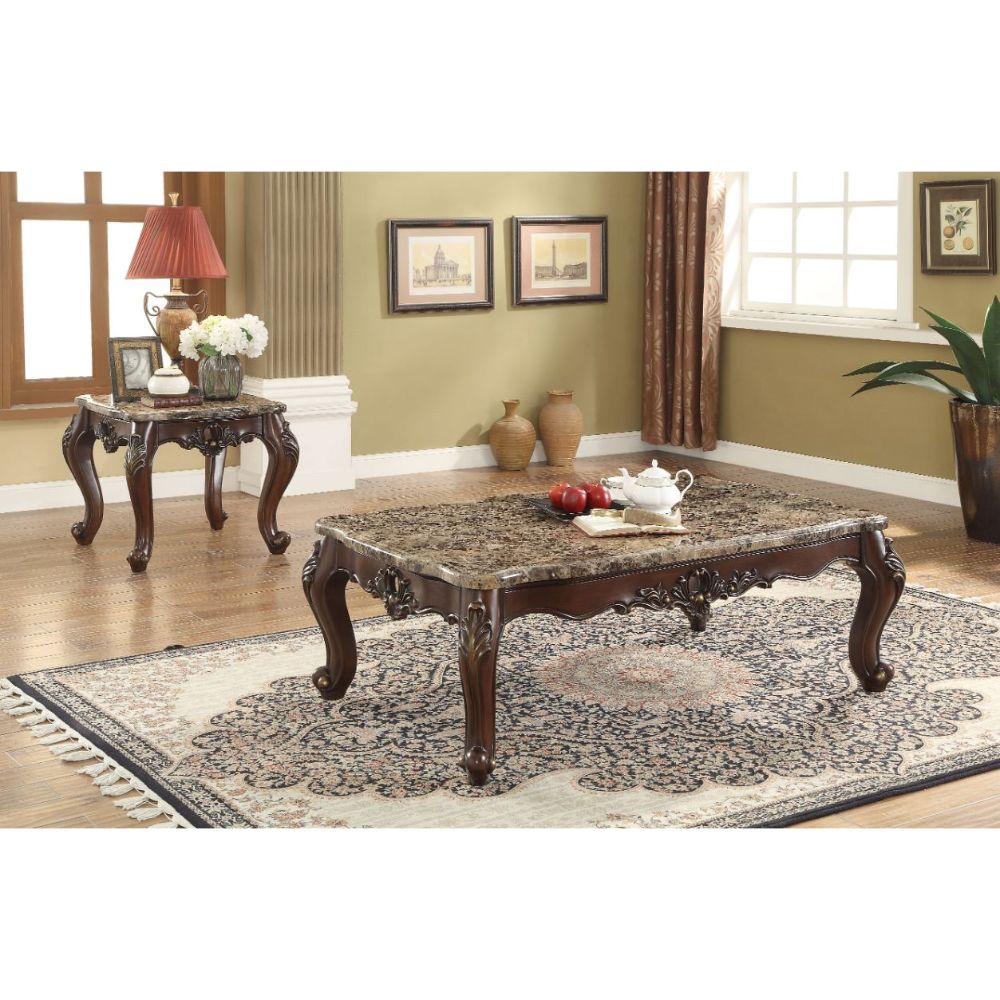 Devayne Wingback Loveseat, Chair & Marble Tables