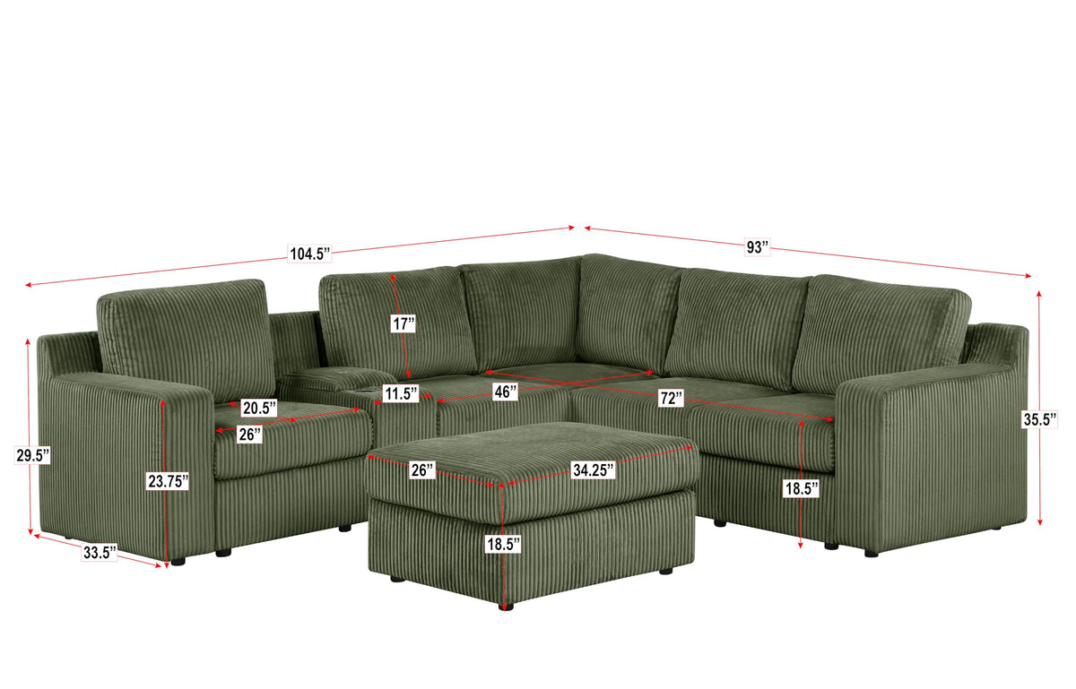 Solesse 9-Piece Contemporary Modular Sectional Sofa, Ridged 100% Polyester Upholstery in Green - side view - Green