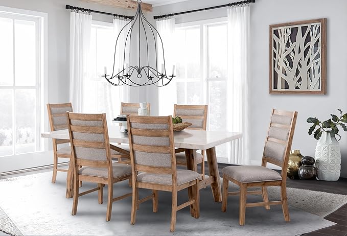 Katrina 7 Piece Contemporary Marble Top Dining Set with 6 Beige Upholstered Chairs