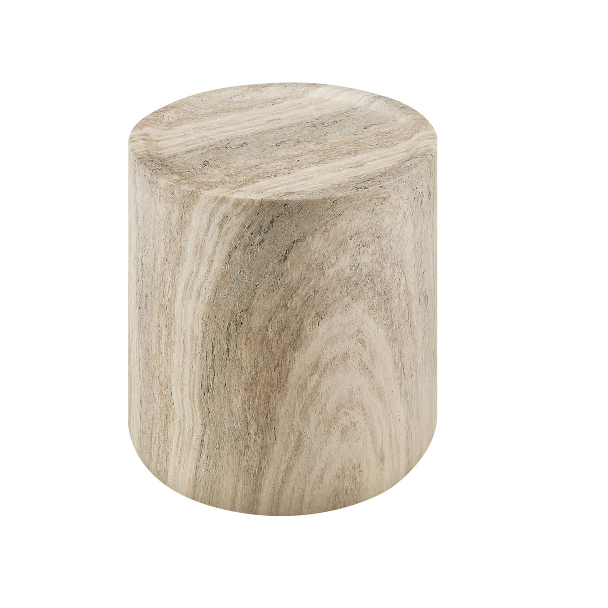 Vyn 18" Round End Table Concrete Travertine Finish, Modern Organic Drum Side Table in Cinnamon - angle view