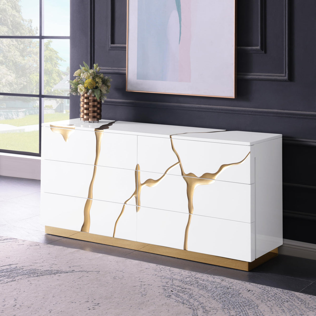 Trevello 5-Piece Modern High Gloss Lacquered Bedroom Set, California King Bed Frame in White/Gold - close-up