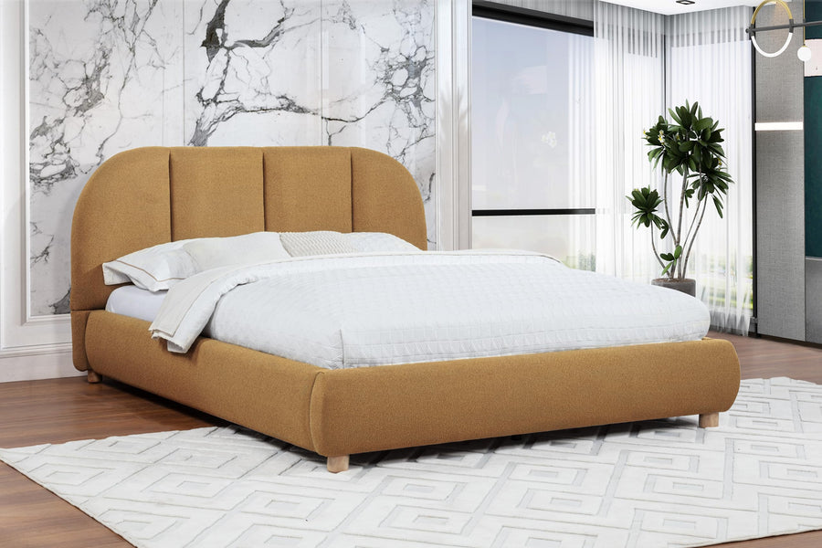 Ctasia Queen Burlap Bed Frame with 40" Rounded Headboard, Low Profile in Golden Brown