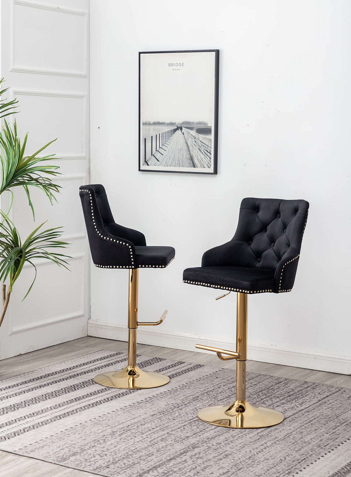 Brightcast 2-Piece Velvet Tufted Gold Bar Stools in Black - side view