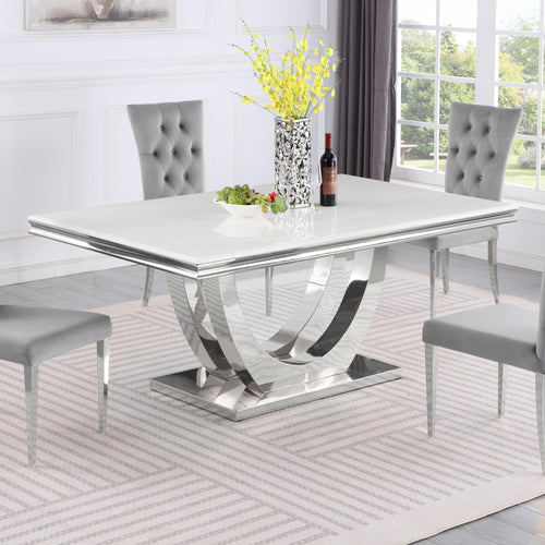 Trinidad Contemporary White Rectangular Stone Dining Table in Silver