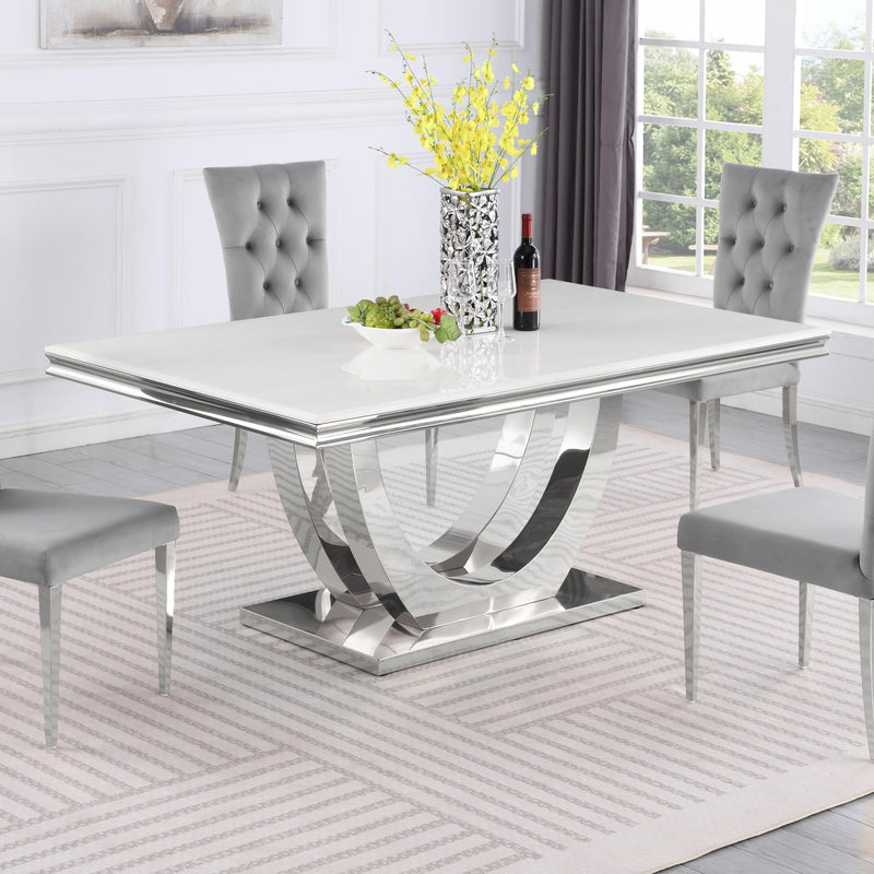 Trinidad Contemporary White Rectangular Stone Dining Table in Silver
