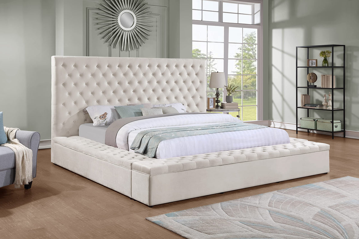 Yumi Upholstered Velvet Low Profile Platform Bed, California King, Cream - detail view
