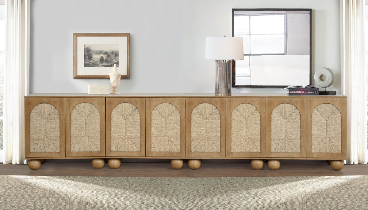 d Organic Woven Rope Arch Inlay Minimal Assembly Entryway Console Furniture in Brown - detail view