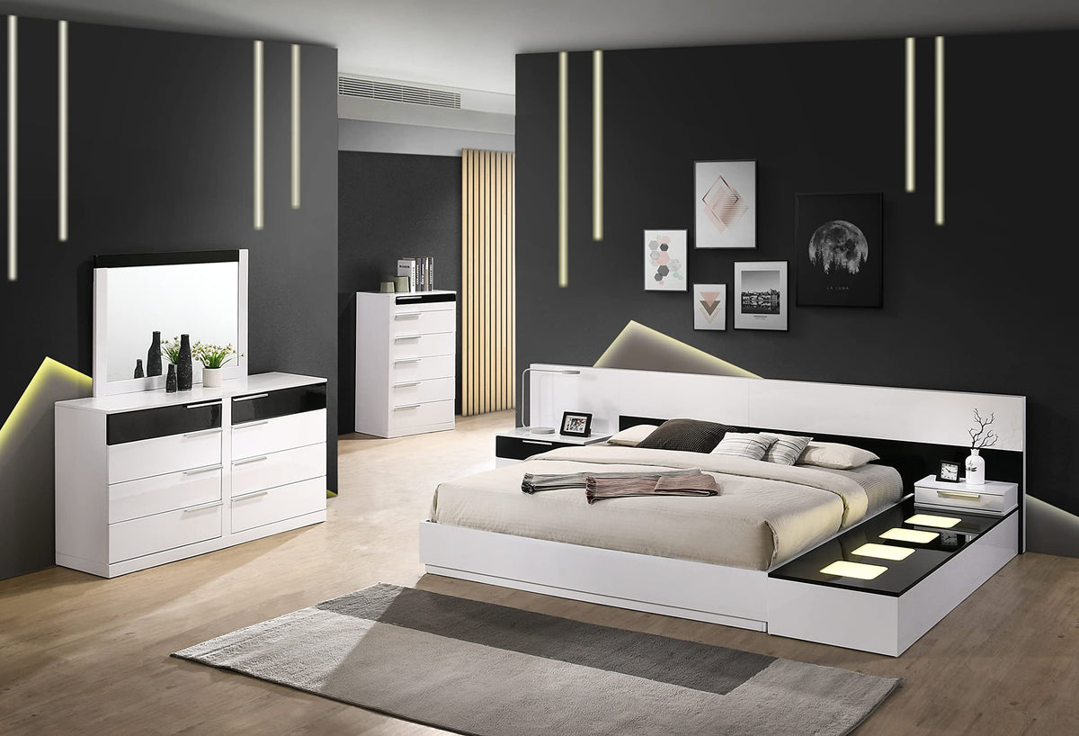 Bahamas Modern Platform Bed with Wide Headboard, Eastern King, Sleek White and Black High Gloss… - angle view