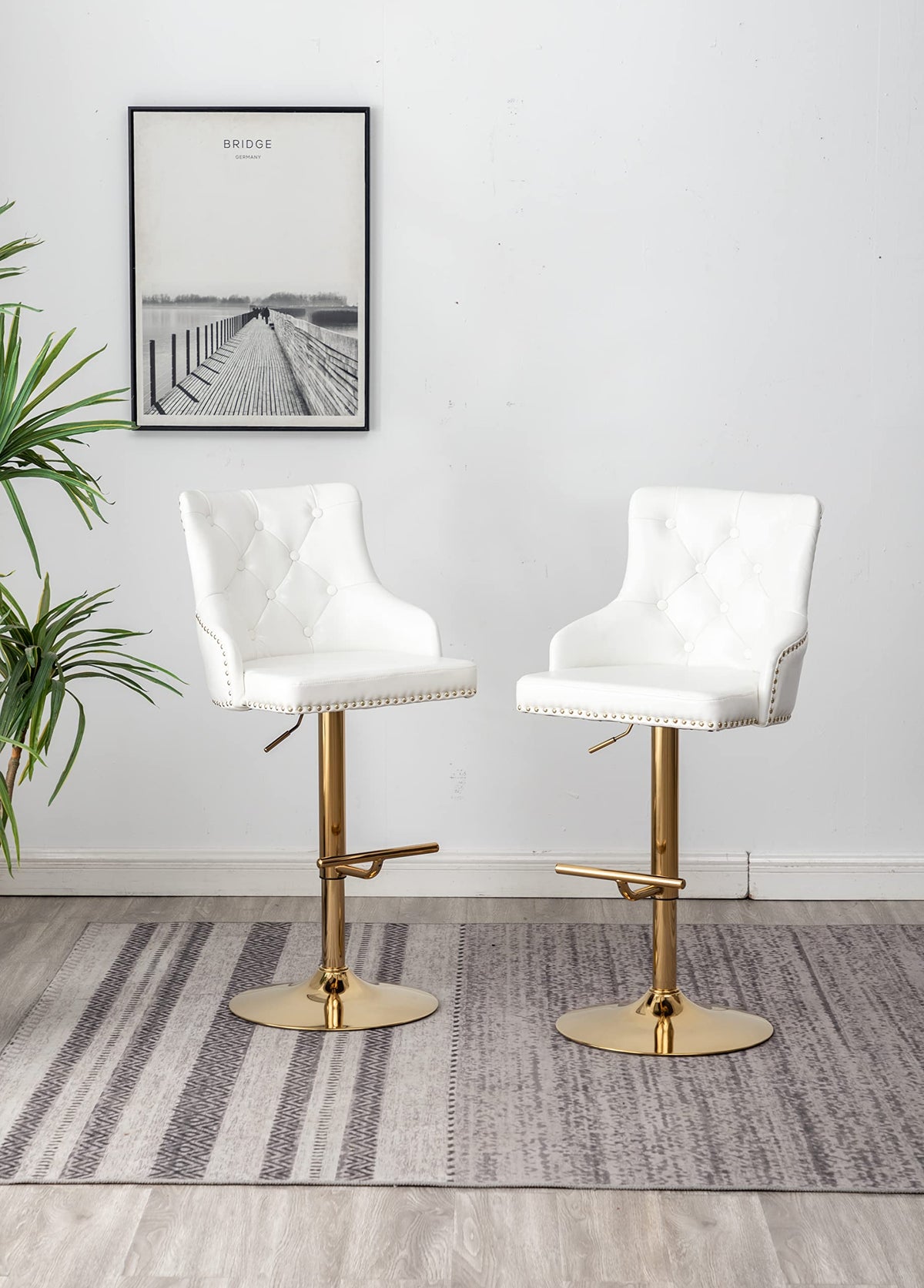 Brightcast 2-Piece Velvet Tufted Gold Bar Stools in White - front view