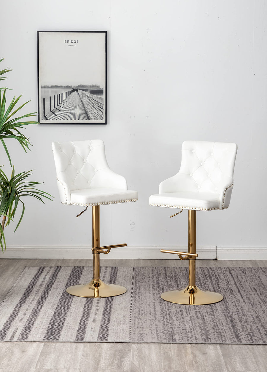 Brightcast 2-Piece Velvet Tufted Gold Bar Stools in White - Set of 2