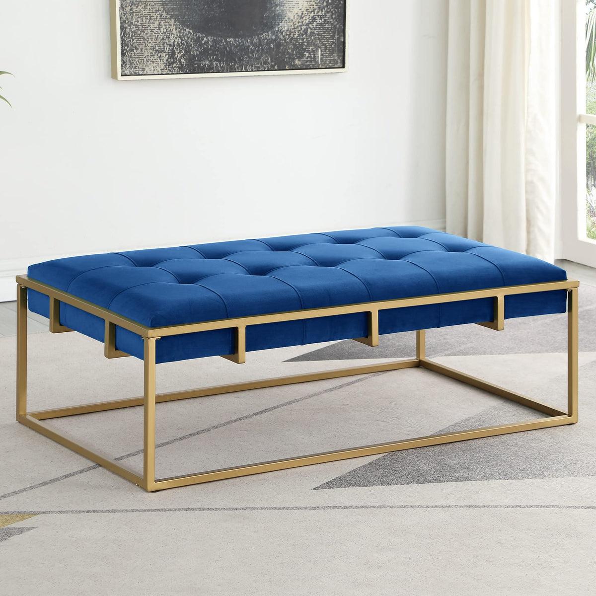 Anika Velvet Rectangular Ottoman in Navy Blue - front view
