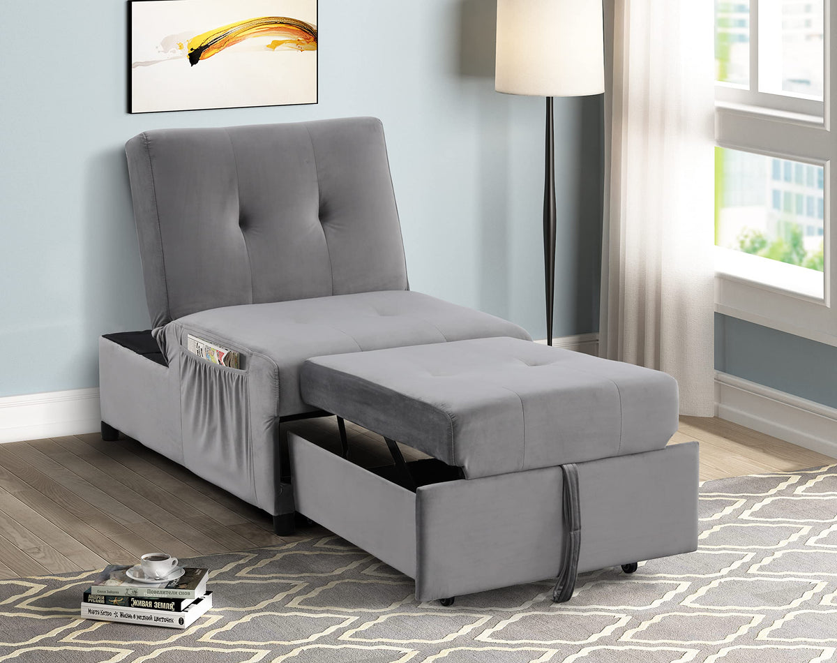 Bayani Velvet Adjustable Sleeper Lounge Chaise in Gray - detail view