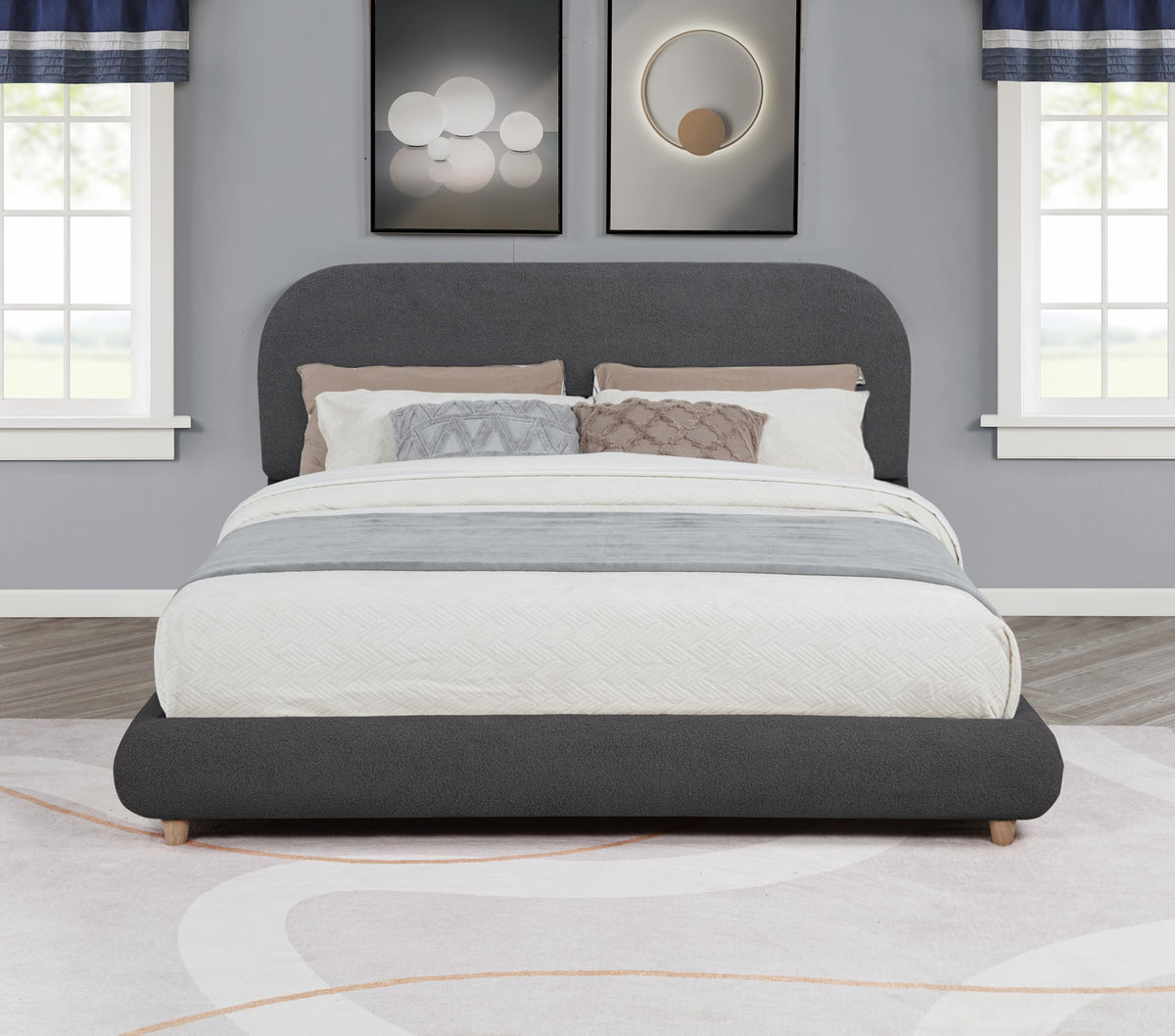 Cteris Queen Fleece Upholstered Bed Frame, Curved Side Rails and Footboard in Grey - back view