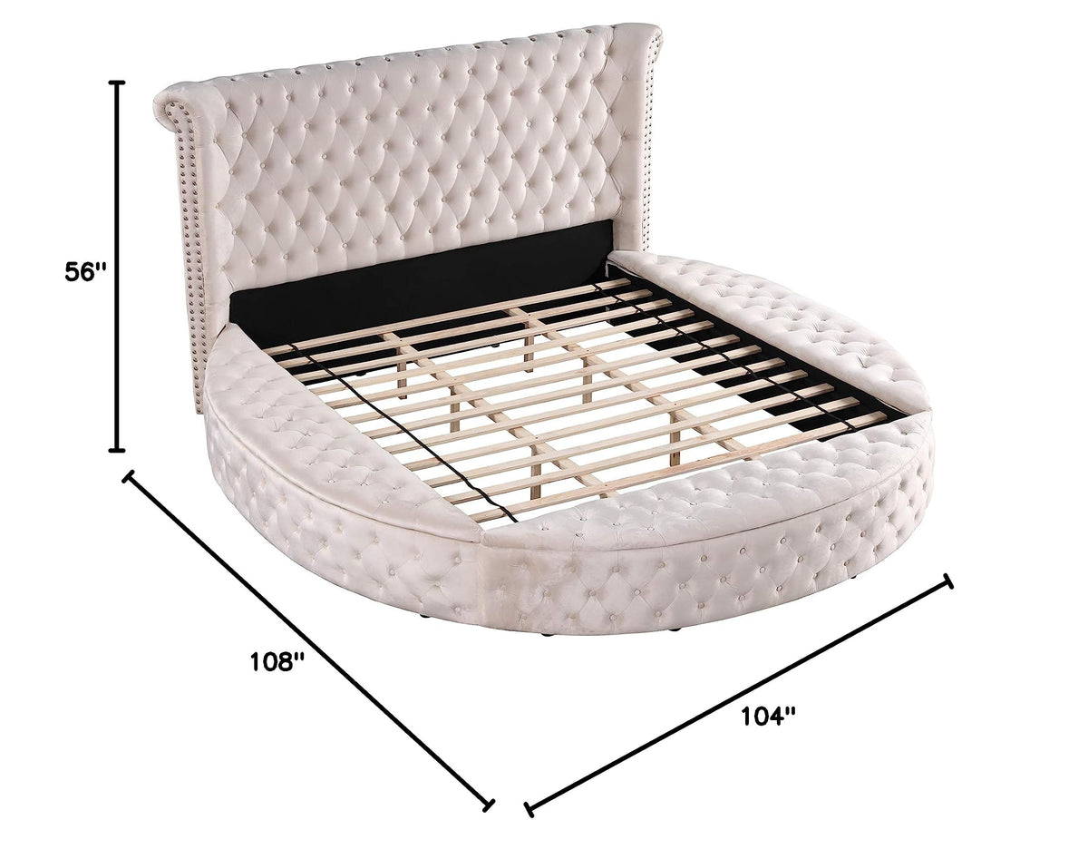 Lexi Round Upholstered Velvet Platform Bed Frame, California King, Beige - front view