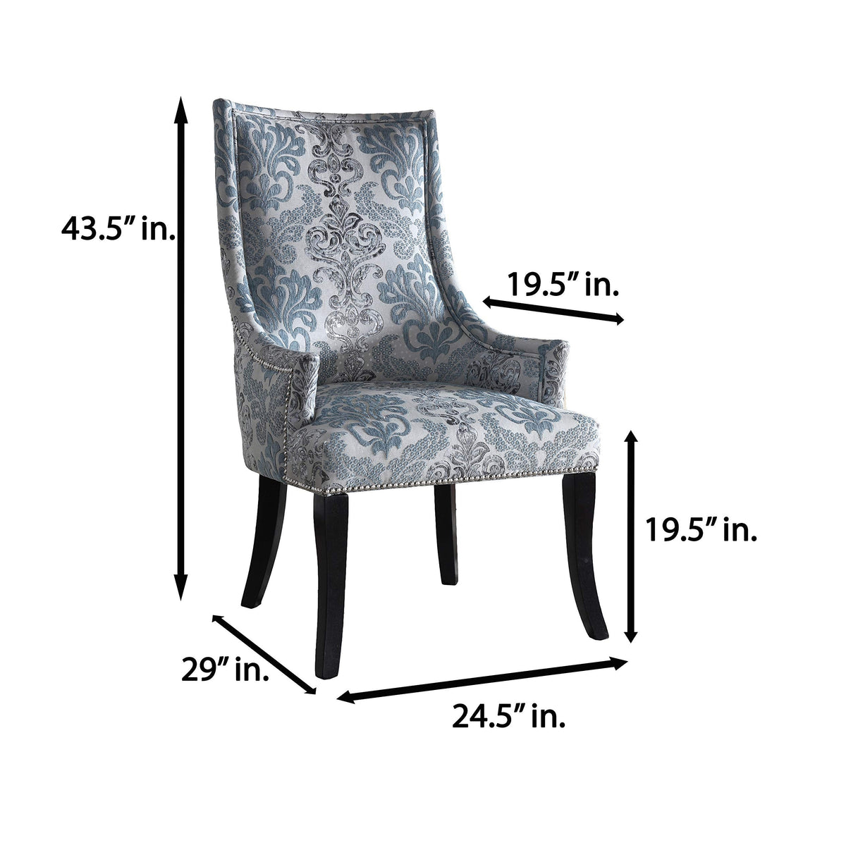 Audrey Damask Fabric Accent Chair in Blue, Grey, White - side view - Blue/Grey/White