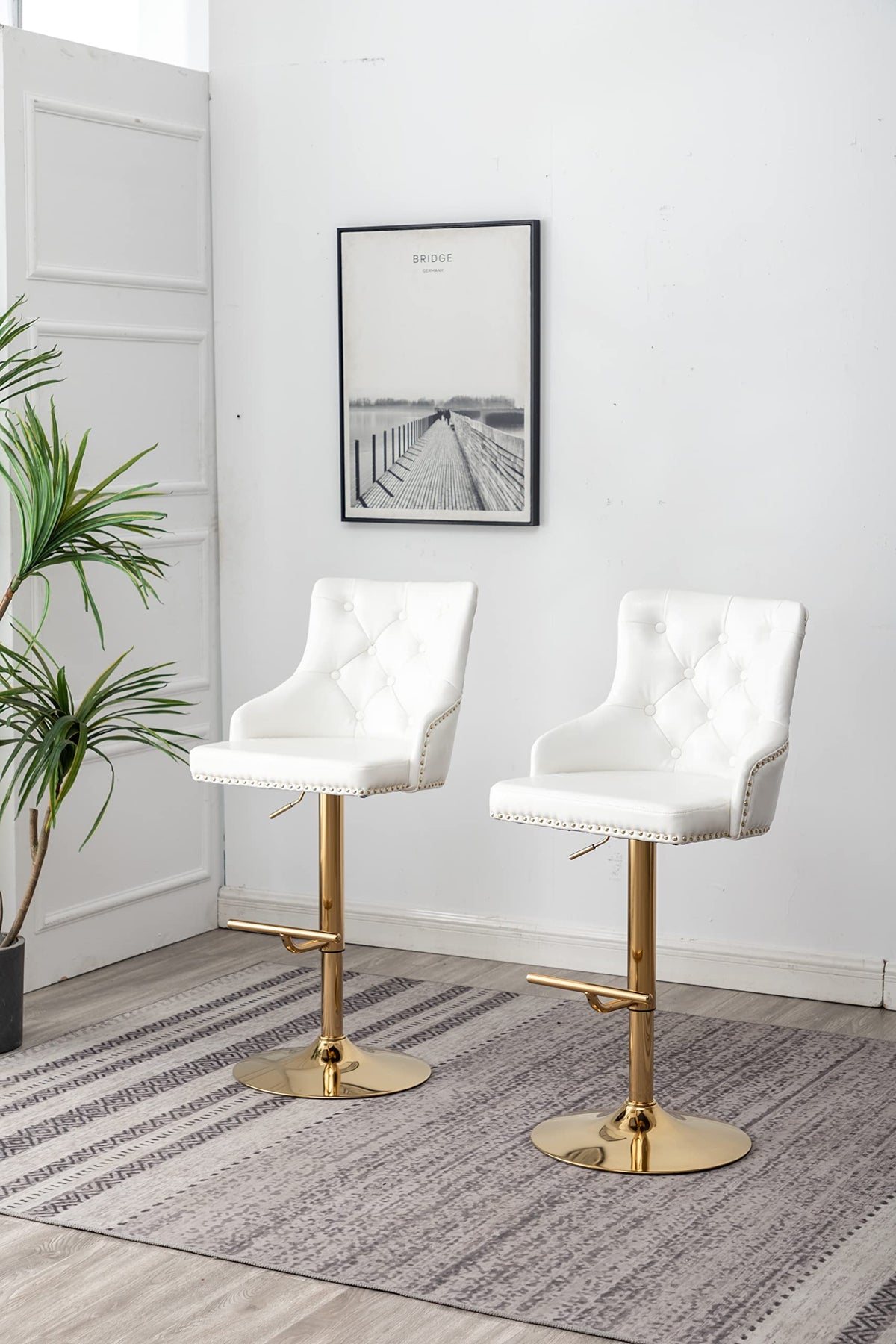 Brightcast 2-Piece Velvet Tufted Gold Bar Stools in White - side view
