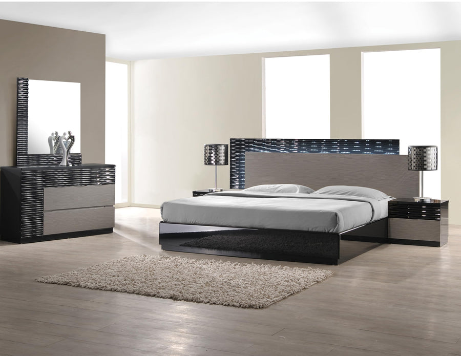Romania 18" Modern 2-Drawer Bedroom Nightstand with Black Lacquered Frame, Geometric Top Drawer Panel