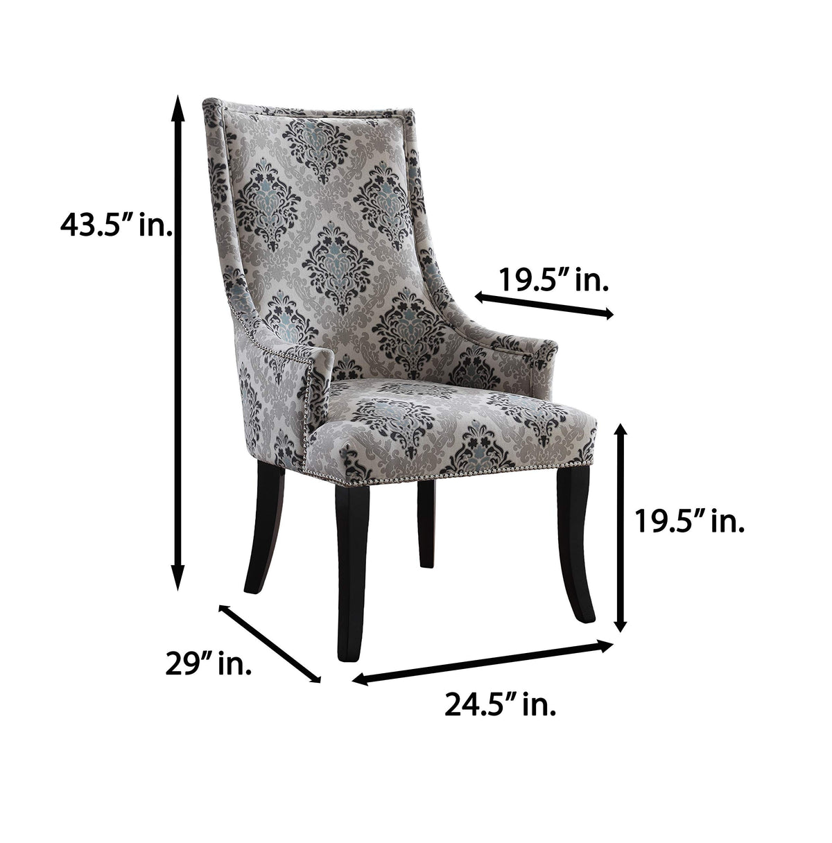 Audrey Gray Damask Fabric Accent Chair - side view
