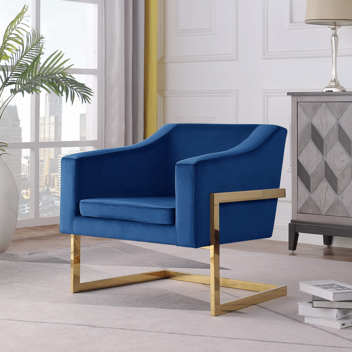 Contemporary Velvet Club Chair in Navy Blue - front view