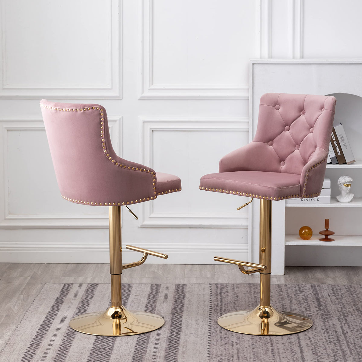 Brightcast 2-Piece Velvet Tufted Gold Bar Stools in Pink - room setting