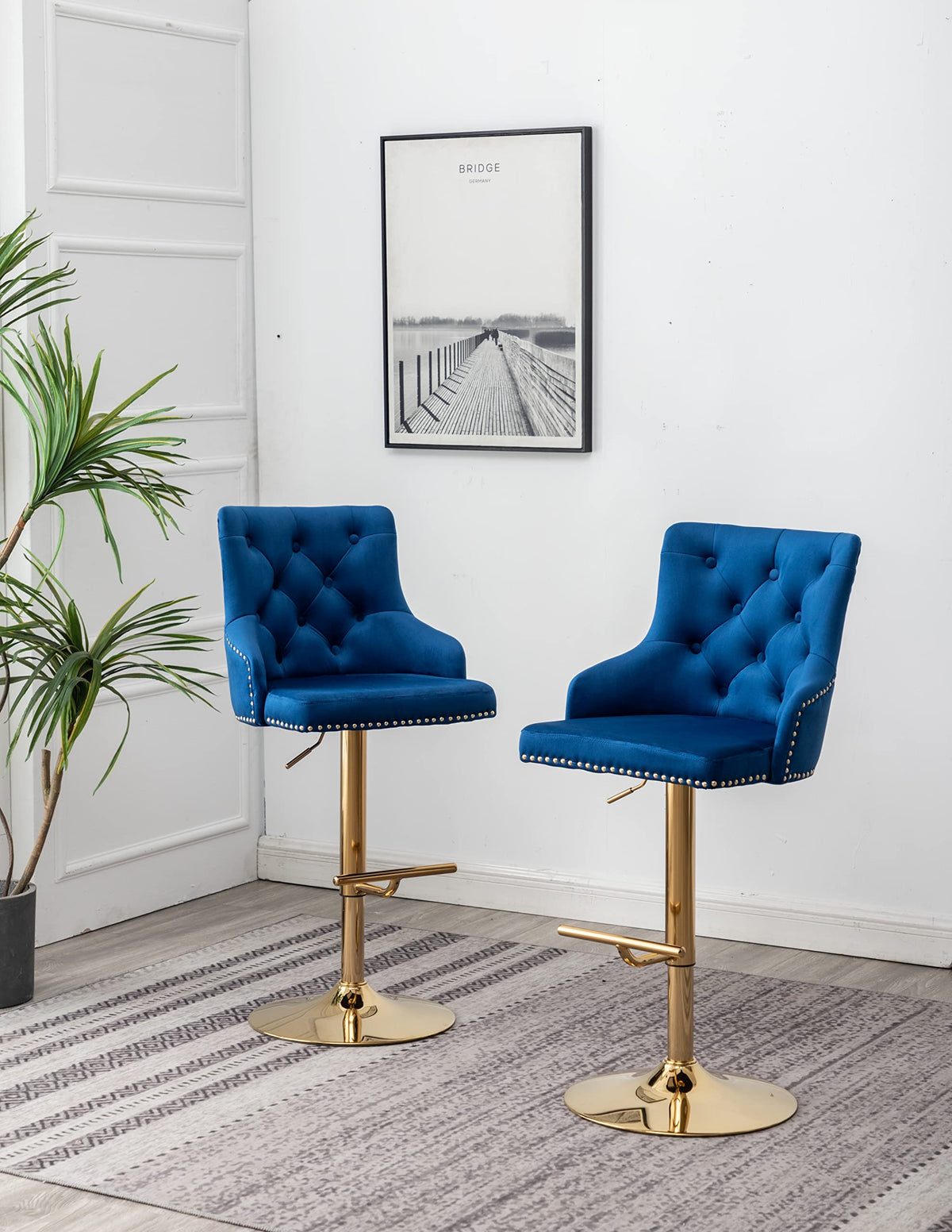 Brightcast 2-Piece Velvet Tufted Gold Bar Stools in Blue - front view