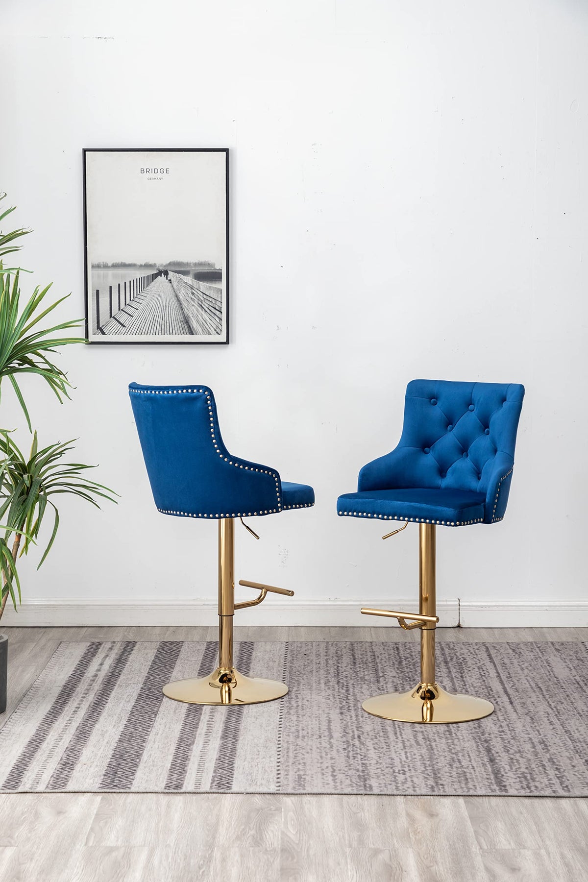 Brightcast 2-Piece Velvet Tufted Gold Bar Stools in Blue - room setting