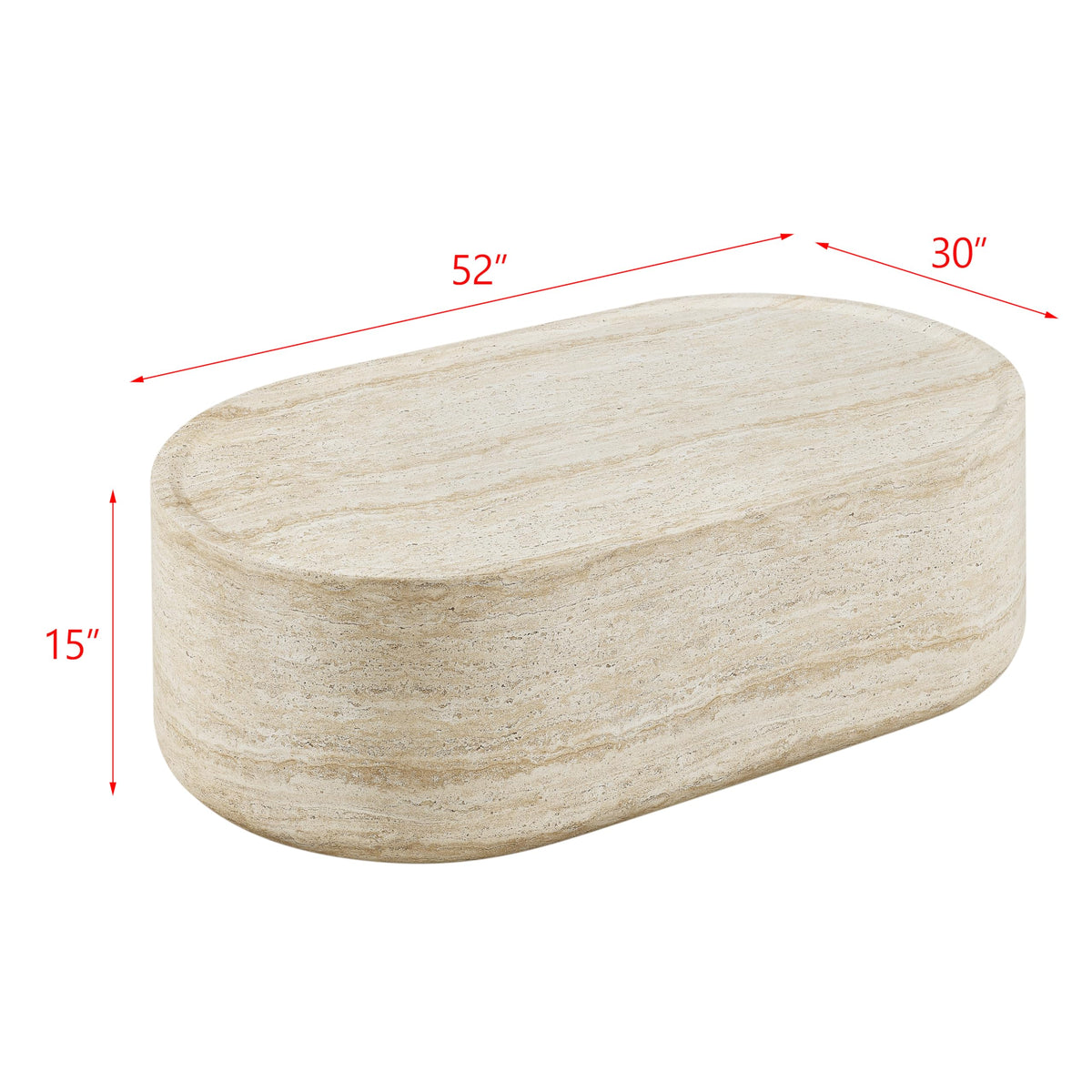 Vyn 52" Oval Coffee Table Concrete Travertine Finish, Modern Organic Large Drum Center Table in Sand - side view