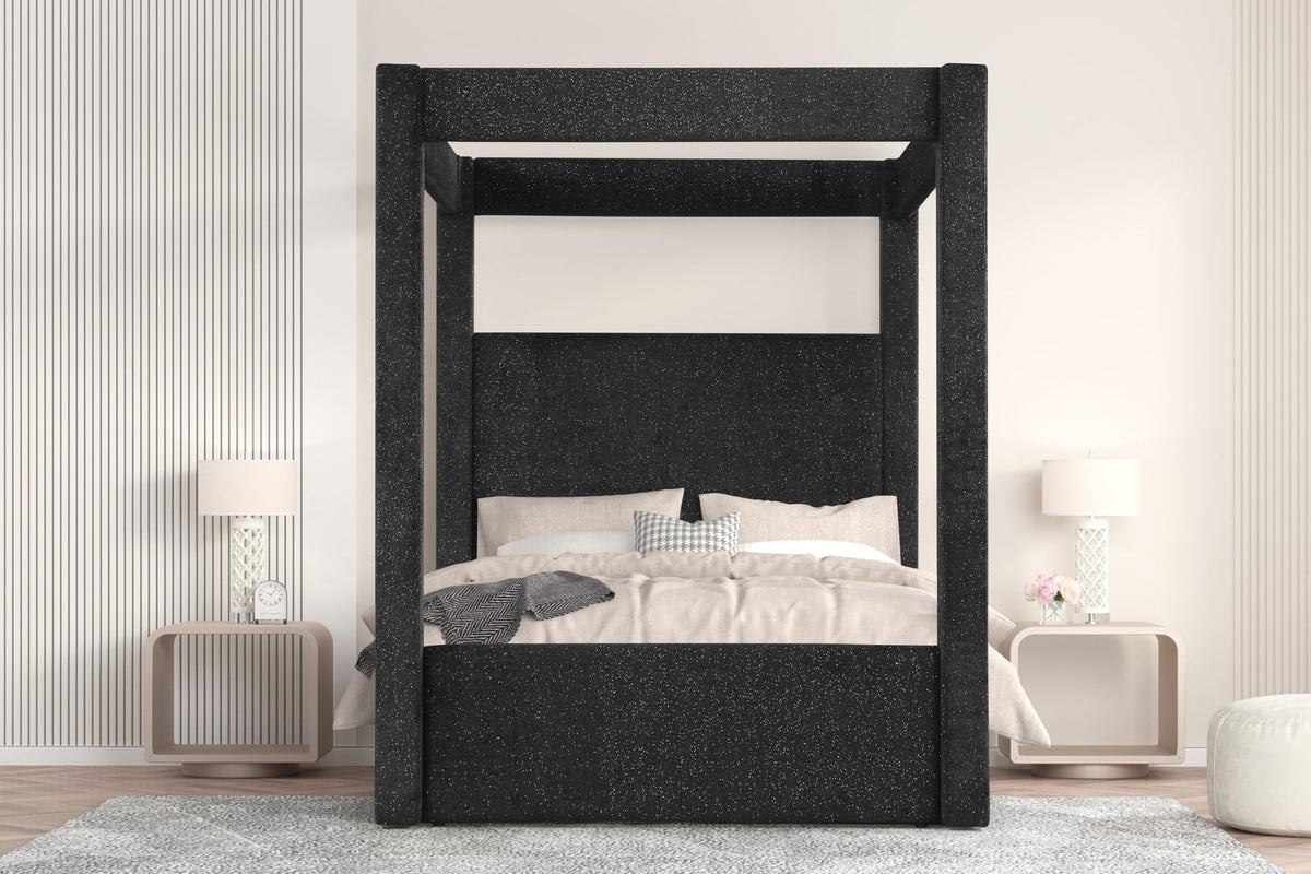 Borealis Canopy Bed Frame with Celestial Starry Upholstery, King, 87" Tall Headboard in Black - front view
