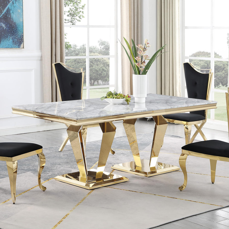 Chihiro Contemporary Grey Rectangular Stone Dining Table in Gold