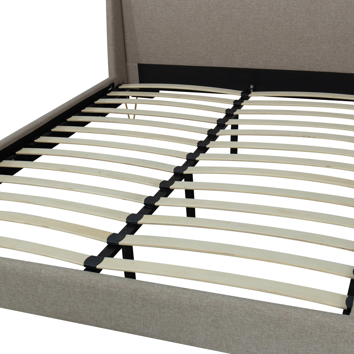 Gray Upholstered Bed with Angled Brass Legs – image 6