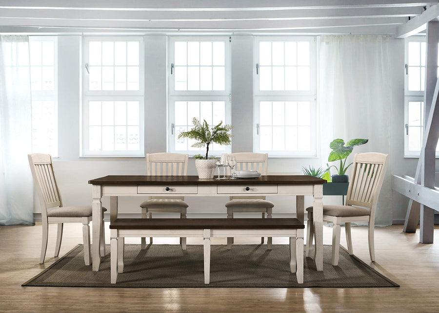 Transitional Wood Dining Bench in Cream