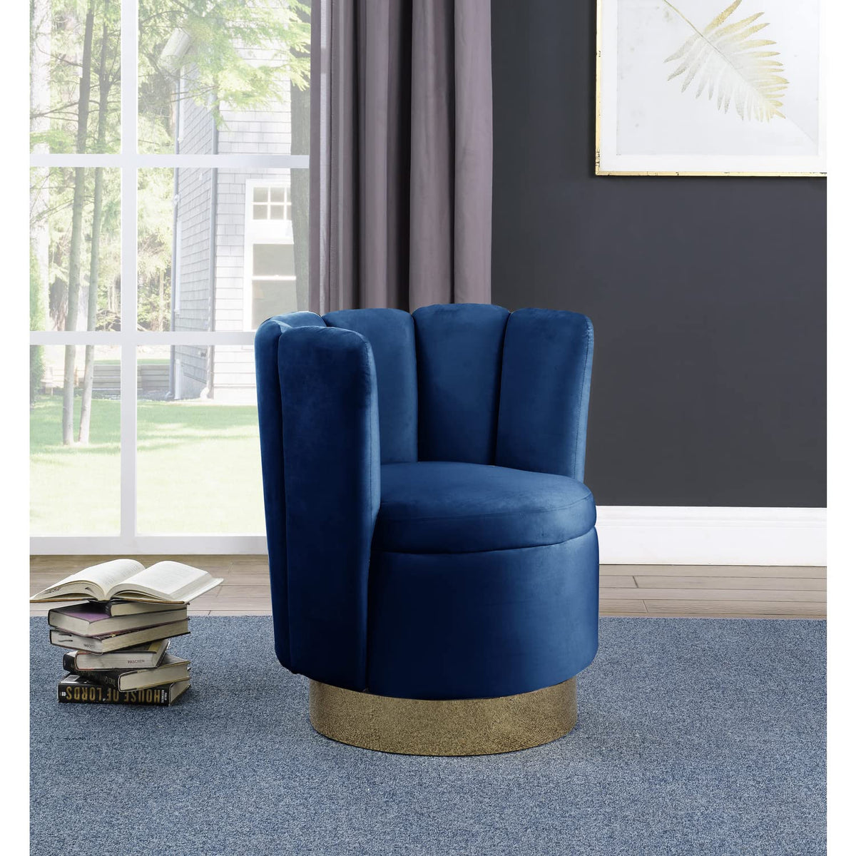 Modern Upholstered Swivel Accent Chair in Navy Blue - front view