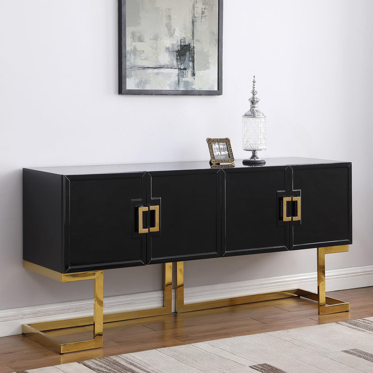 Tommy Contemporary High Gloss Lacquer Sideboard/Buffet with Gold Handles in Black - front view - Black