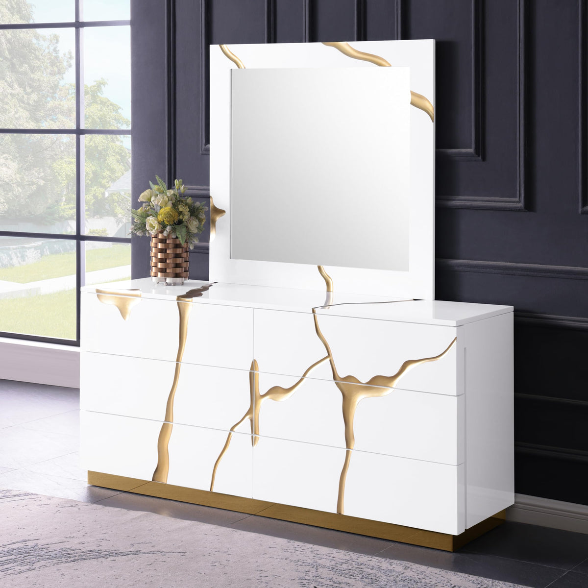 Trevello 5-Piece Modern High Gloss Lacquered Bedroom Set, Eastern King Bed Frame in White/Gold - room setting