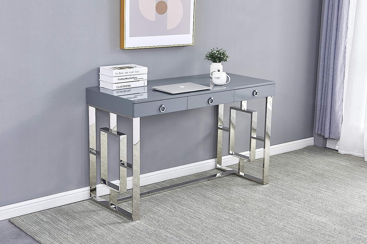 Grey Modern Computer Office Desk with Lacquered Grey Top, Silver Base & 3 Storage Drawers - front view