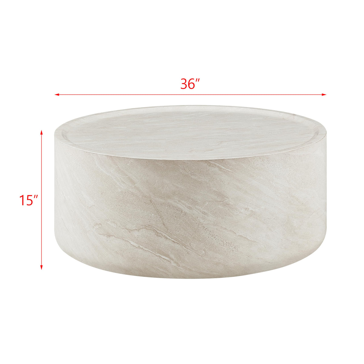 Vyn 36" Round Coffee Table Concrete Travertine Finish, Modern Organic Drum Center Table in Cloud - side view